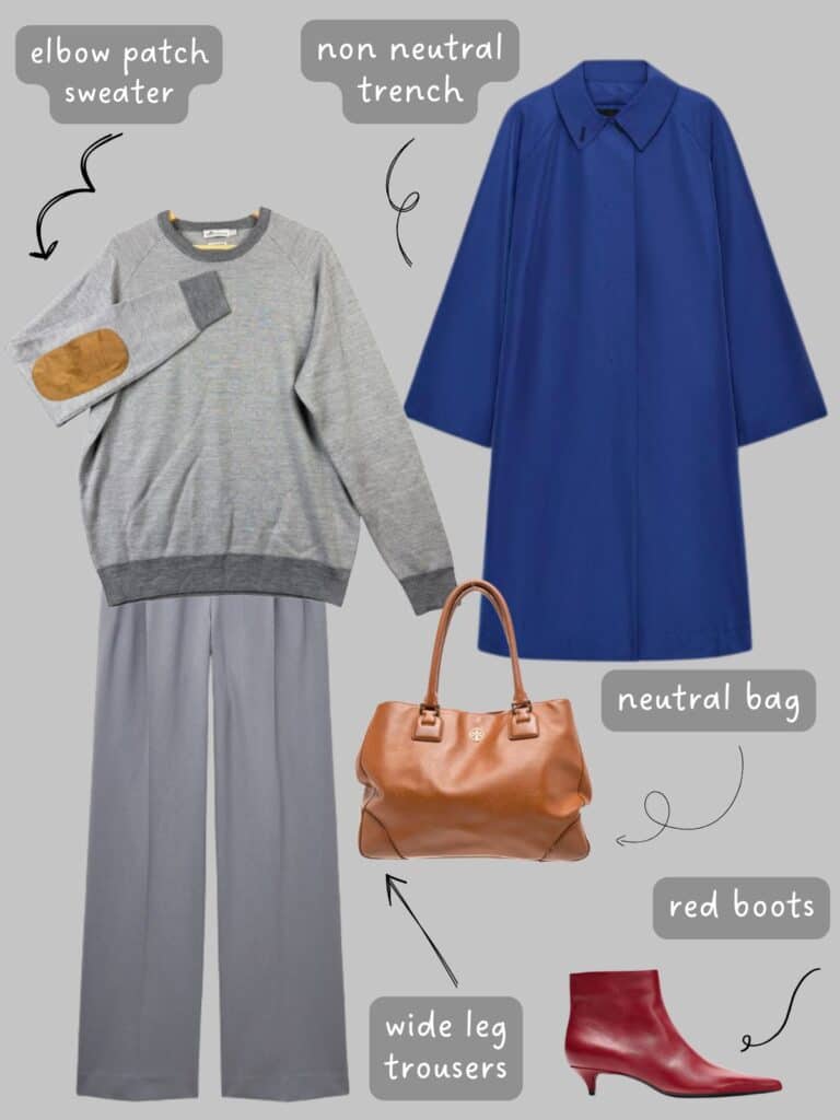 A photo of an outfit of a grey, elbow patch sweater with wide leg grey trousers, a blue trench, cognac shoulder bag, and red kitten heel boots.