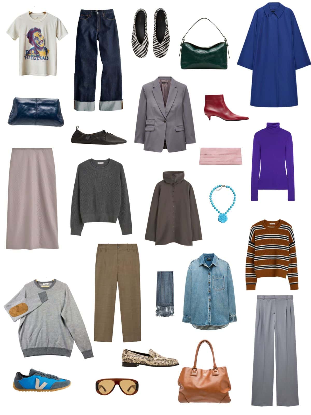 A white background with 12 pieces plus shoes and accessories for The Interesting Person Fall Capsule.