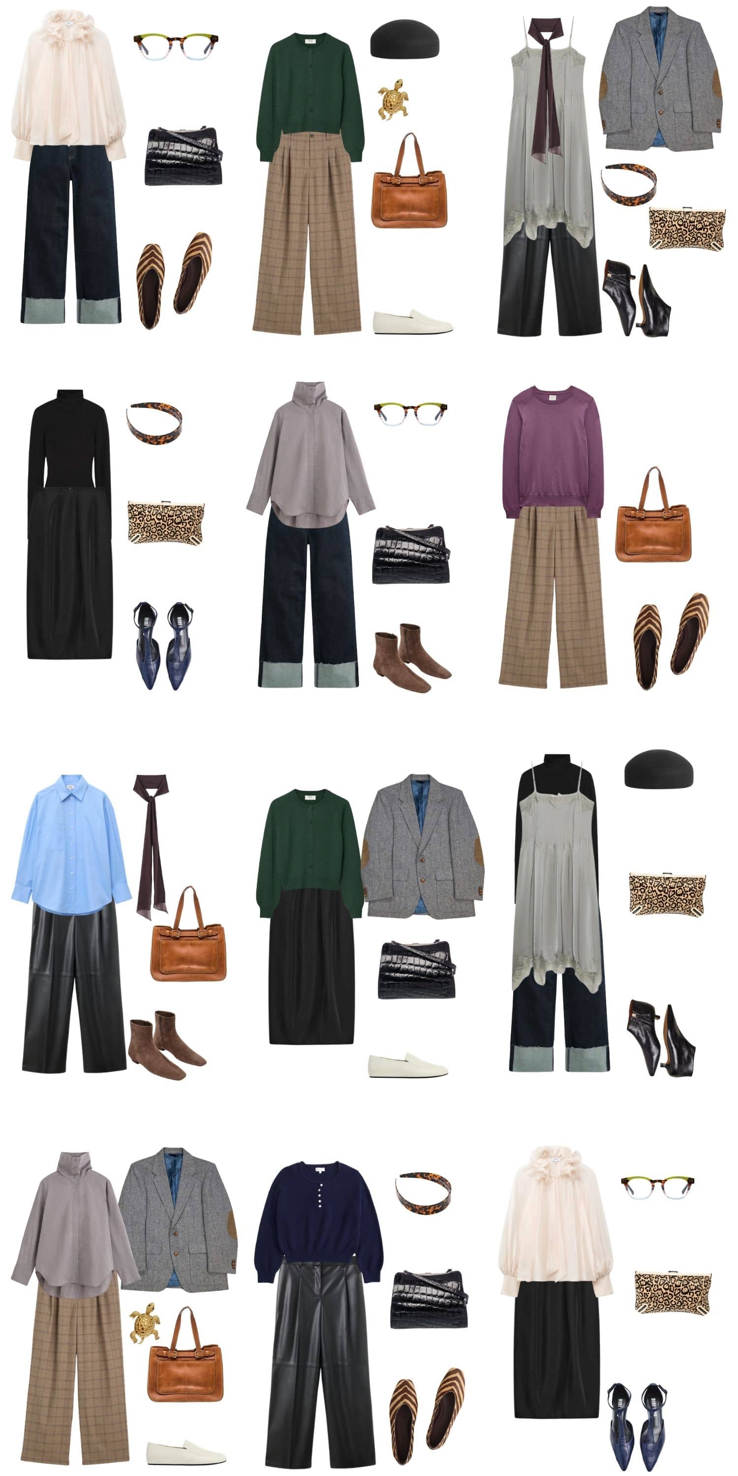 A white background with 12 outfits for A Librarian-Chic Fall Capsule Wardrobe.