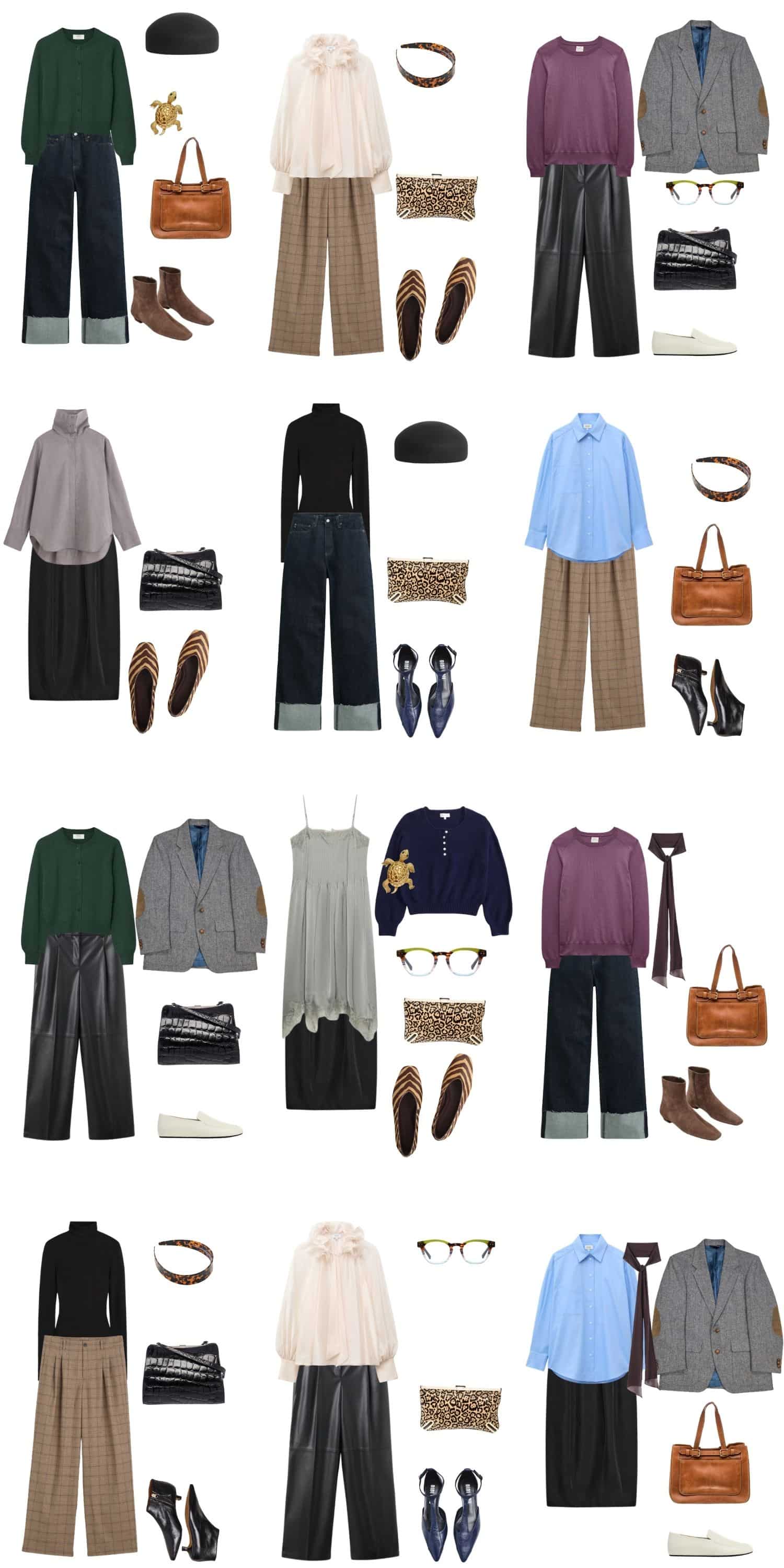 A white background with 12 outfits for A Librarian-Chic Fall Capsule Wardrobe.