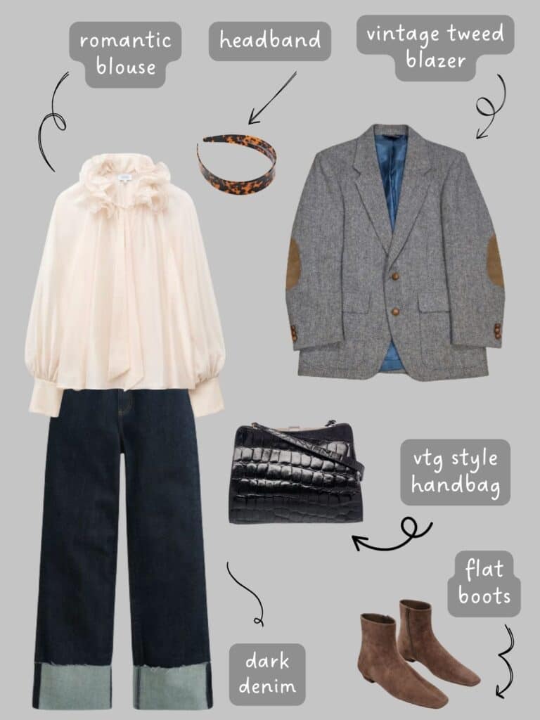 A photo of an outfit of a romantic cream ruffle blouse, dark indigo cuffed jeans, a men's vintage grey tweed blazer, a croc embossed vintage style bag, and brown flat boots.