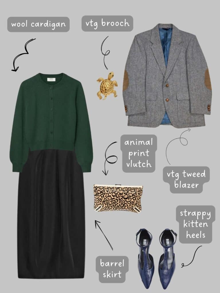 A photo of an outfit of a green cardigan with a black barrel skirt, a men's grey tweed blazer, a vintage gold turtle brooch, an animal print clutch, and navy blue t-strap kitten heels.