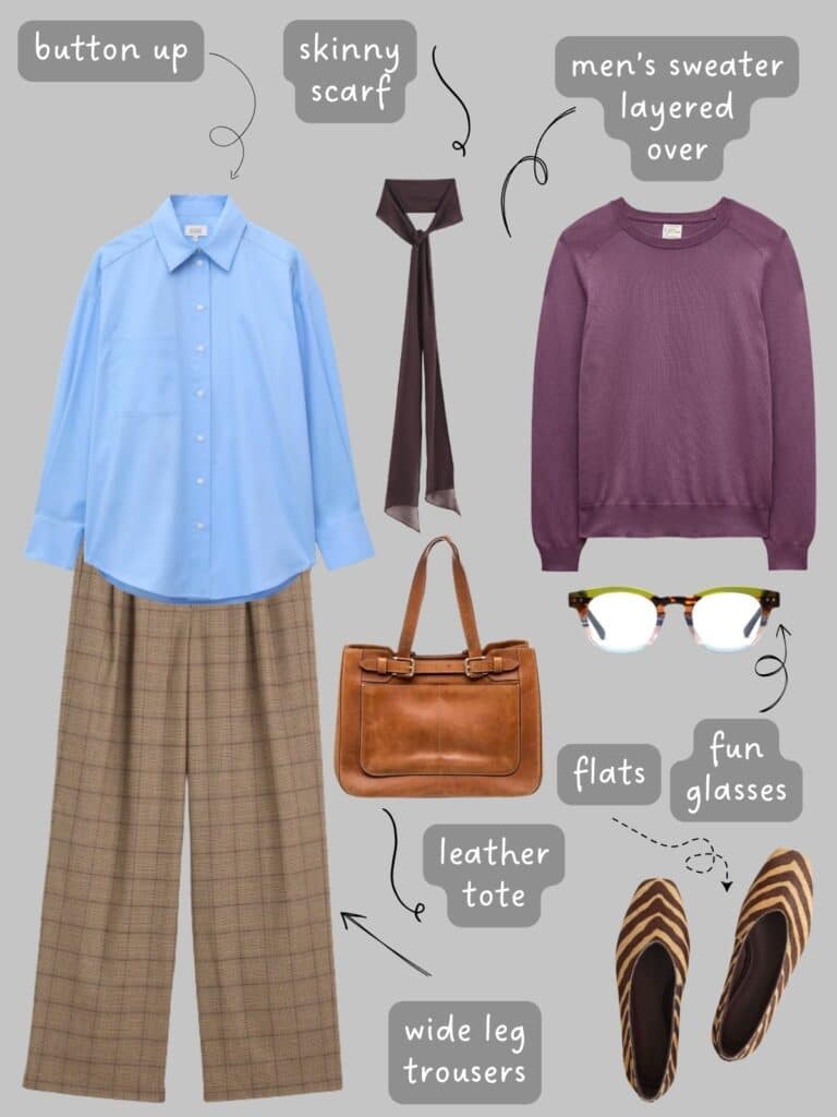 A photo of an outfit of a blue button up under a men's purple sweater, brown checked trousers, a skinny scarf, cognac satchel bag, glasses, and tiger print ballet flats.