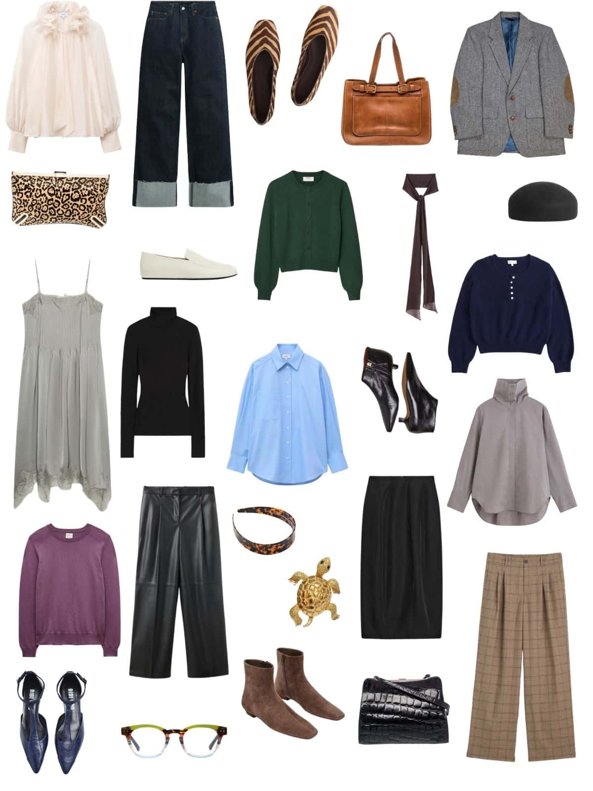 A white background with 12 pieces plus shoes and accessories for A Librarian-Chic Fall Capsule Wardrobe.