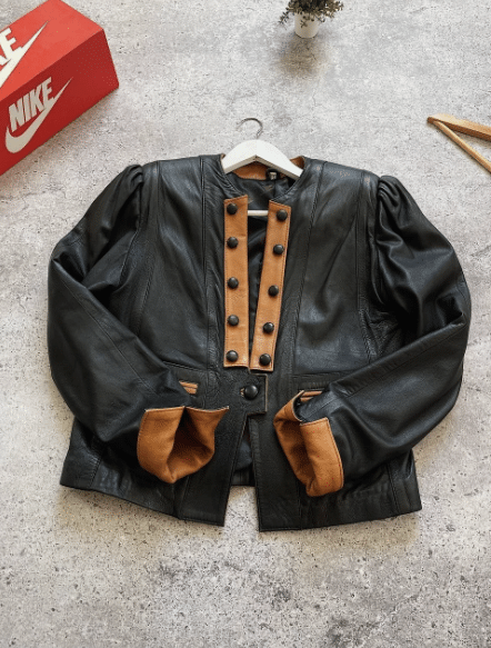 Women's vintage genuine leather jacket, Napoleon style. black leather with cognac trim