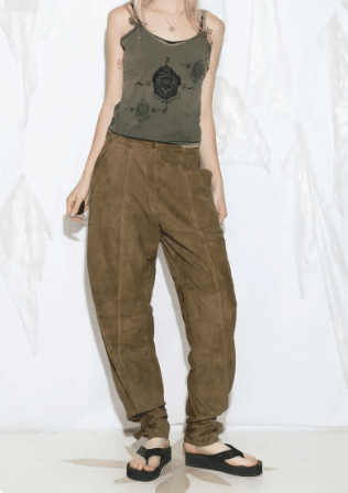 Vintage 80s Khaki Leather Barrel Pants - Downtown Girl Baggy Trousers