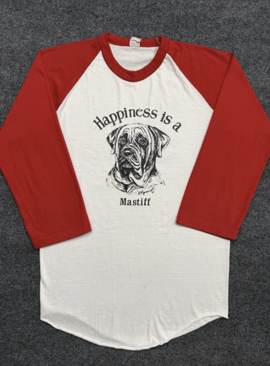 Vintage 80s Raglan Mastiff Graphic Dog Shirt Humor 3/4 Sleeve Thin Screen Stars