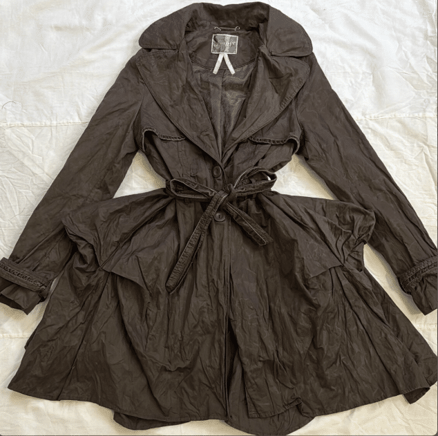 Avant-Garde Brown Waterproof Trench Coat with Ruffled Peplum Postmodern Archive Style Victorian Inspired S/M