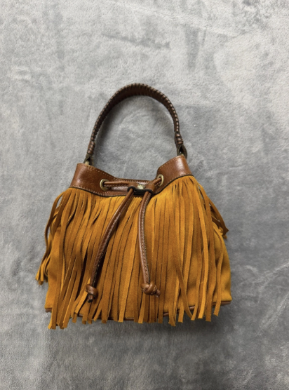 Boho Western 70s Suede Bucket Crossbody Bag Fringe