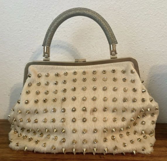 CASSANDRA Los Angeles Hair Calf & Crystal Spike Studded Clutch Purse Bag Handbag