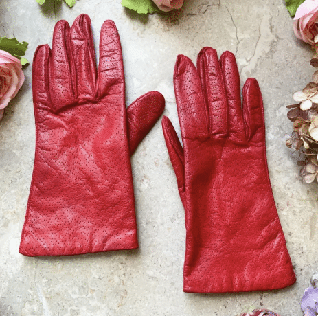 Vintage Red Leather Women Minimalist Winter Gloves with Decorative Stitches and Dots Pattern