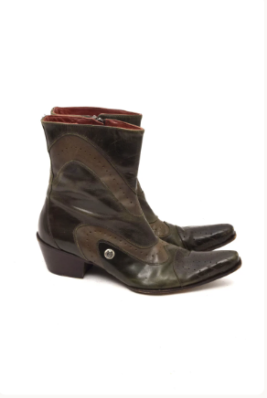 Vintage 90s Green Leather Ankle Boots – Perforated Pointy Toe, Chunky Heel