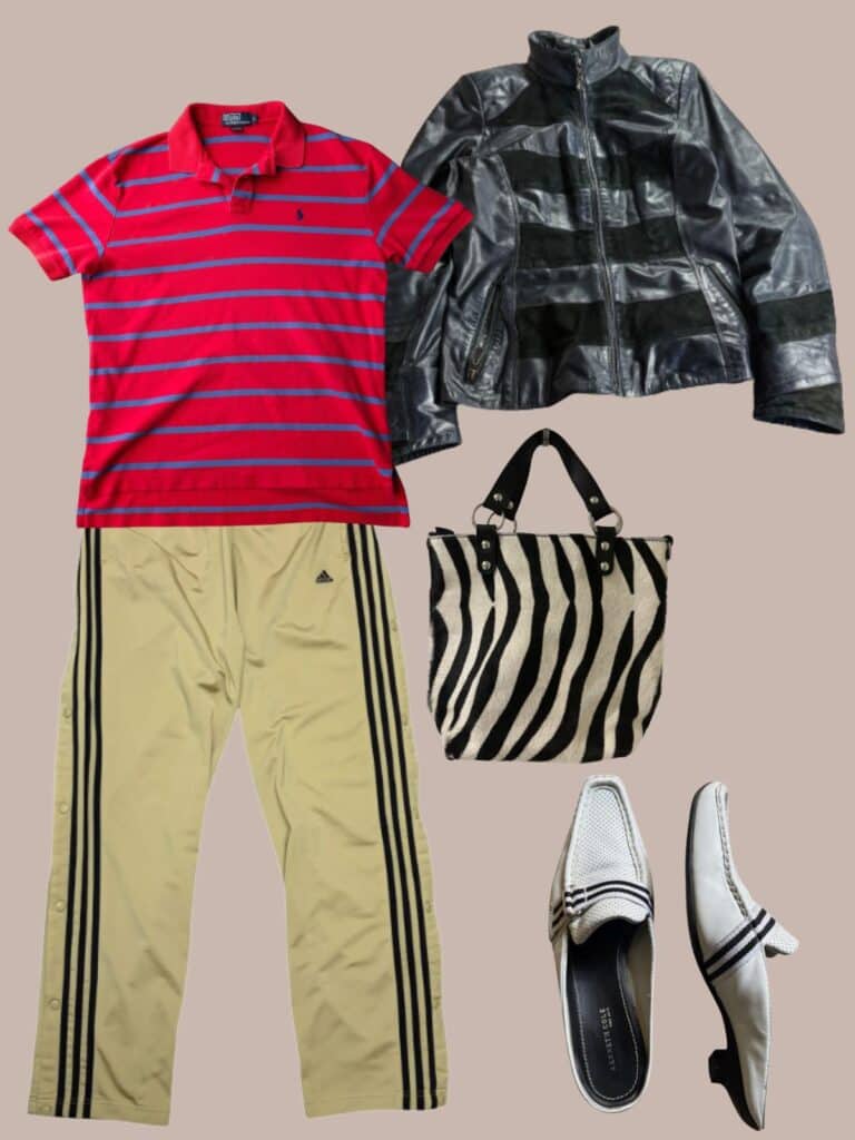 An image of an outfit of a sred and blue striped ralph lauren polo, with khaki adidas tearaways, a black leather jacket, a zebra print bag, and white sporty loafer mules with kitten heels.