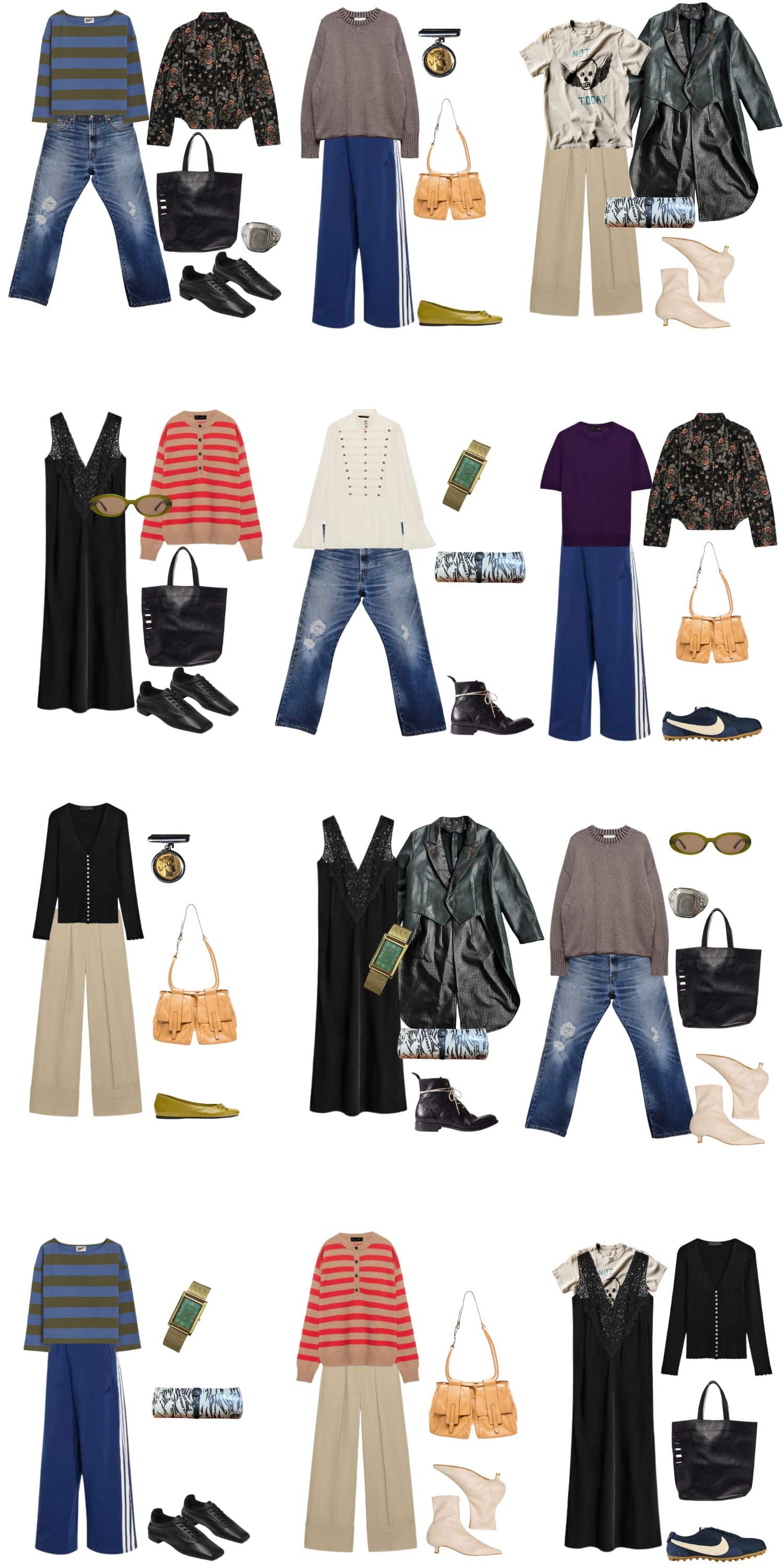 A white background with 12 outfits for The Wrong Era, Right Outfit Fall Capsule.