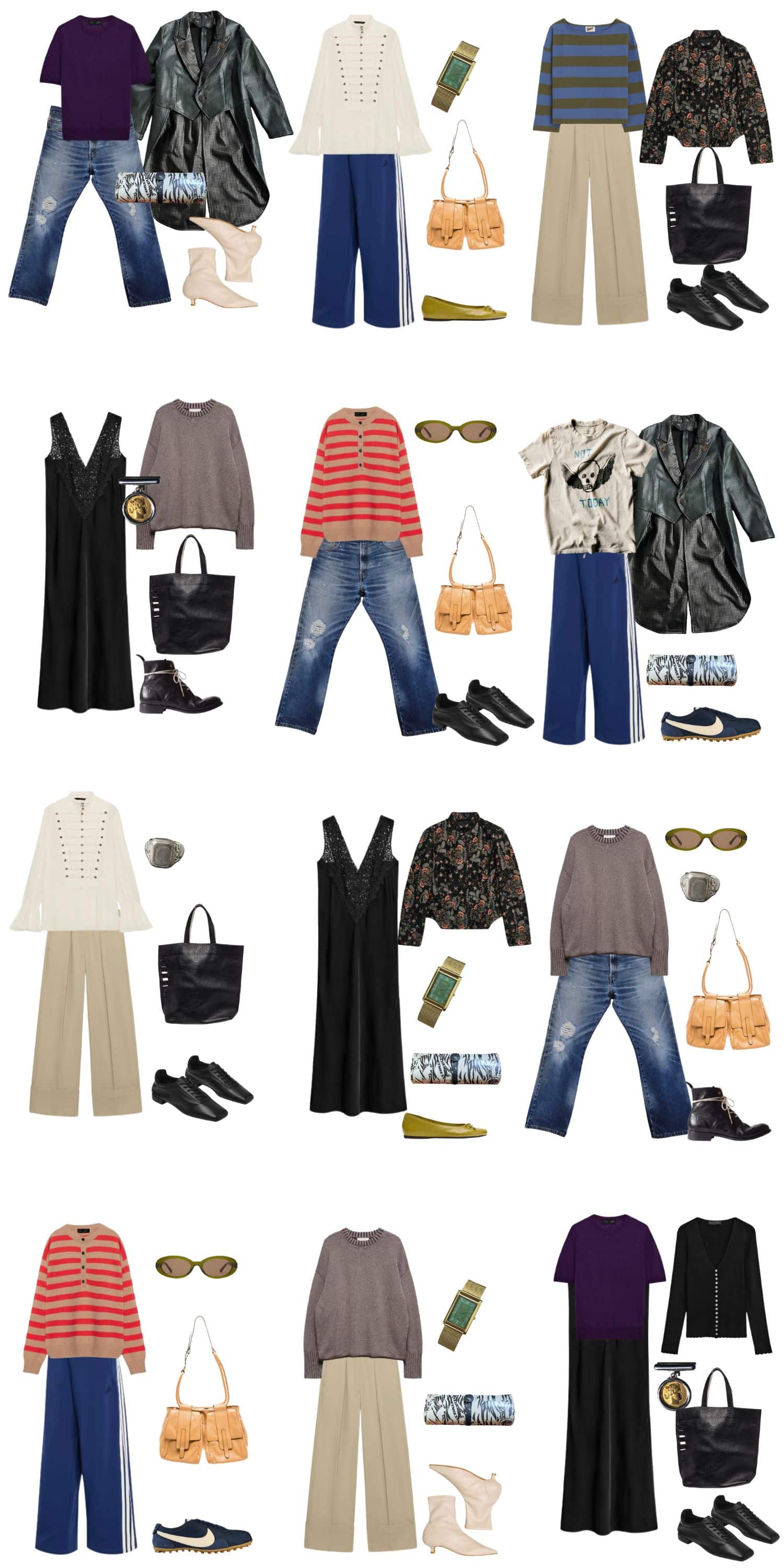 A white background with 12 outfits for The Wrong Era, Right Outfit Fall Capsule.