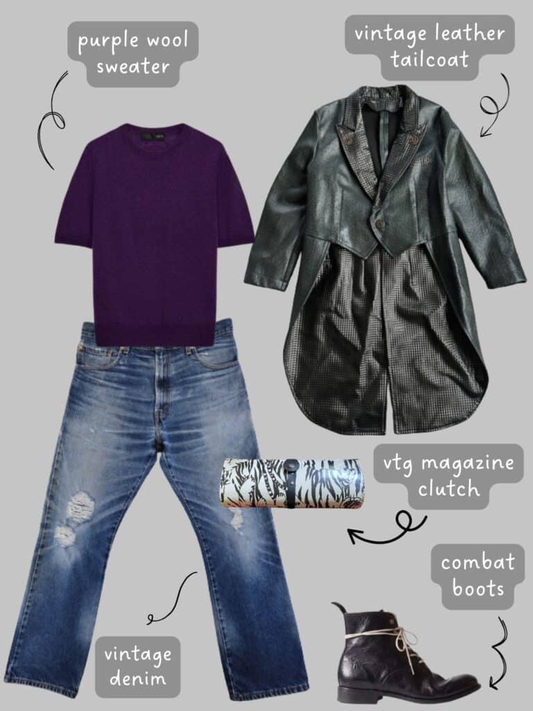 A photo of an outfit of a purple short sleeve, wool sweater with vintage Levis, a green leather, vintage tailcoat, tiger print vintage magazine clutch, and black combat boots.