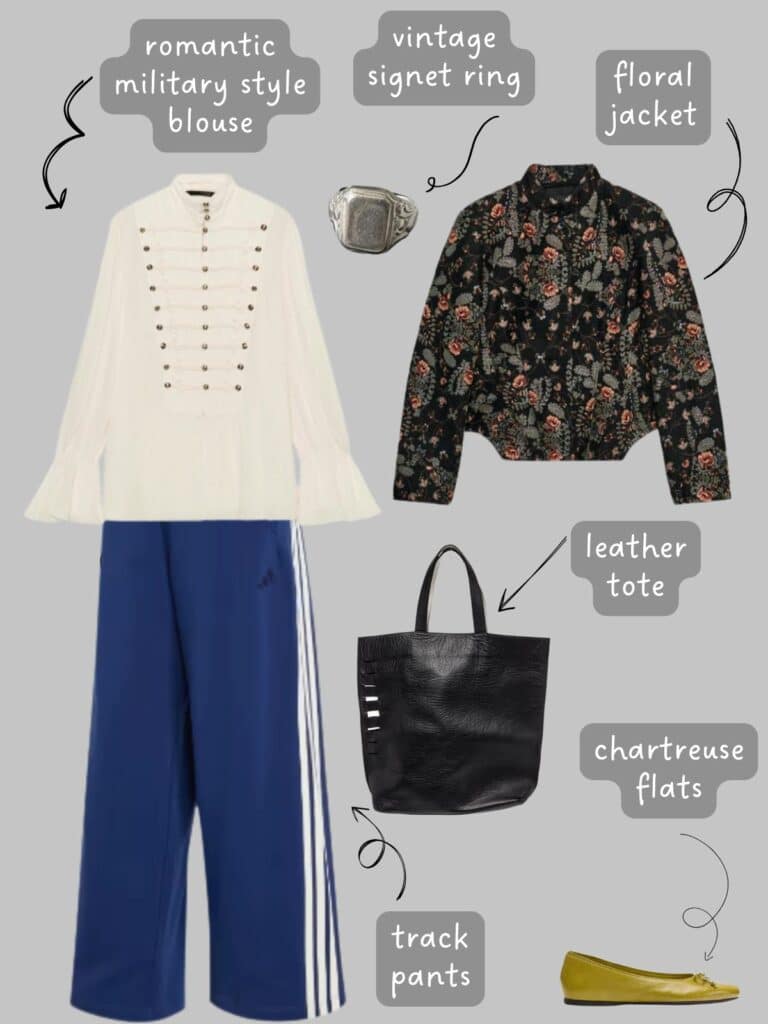A photo of an outfit of a cream military style romantic blouse, a floral jacket, blue Adidas track pants, chartreuse ballet flats, and a black leather tote.
