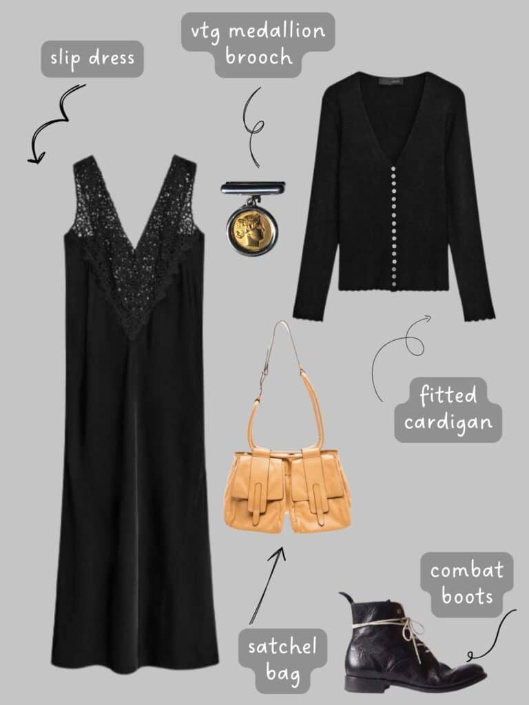 A photo of an outfit of a black slip dress, a black fitted cardigan, a vintage medallion style brooch, combat boots, and a tan satchel style bag.