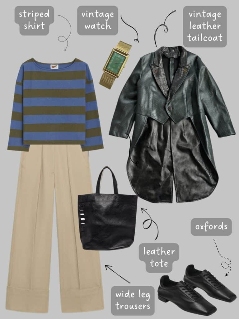 A photo of an outfit of a blue and green striped shirt with tan wide leg trousers, a green, leather tailcoat, vintage watch, black oxfords, and a black tote.