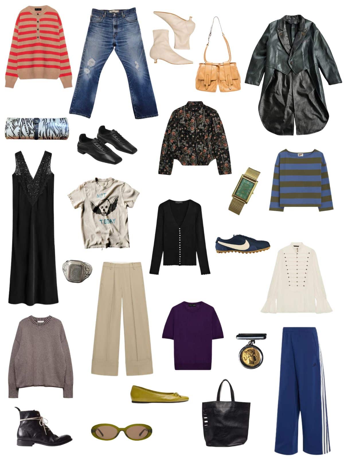 A white background with 12 pieces plus shoes and accessories for The Wrong Era, Right Outfit Fall Capsule.