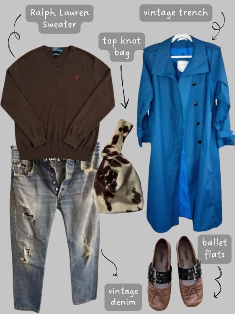 A photo of an outfit of a brown Ralph Lauren sweater with distressed vintage Levis, a bright blue trench coat, pink Miu Miu flats, and a cow print top knot bag.