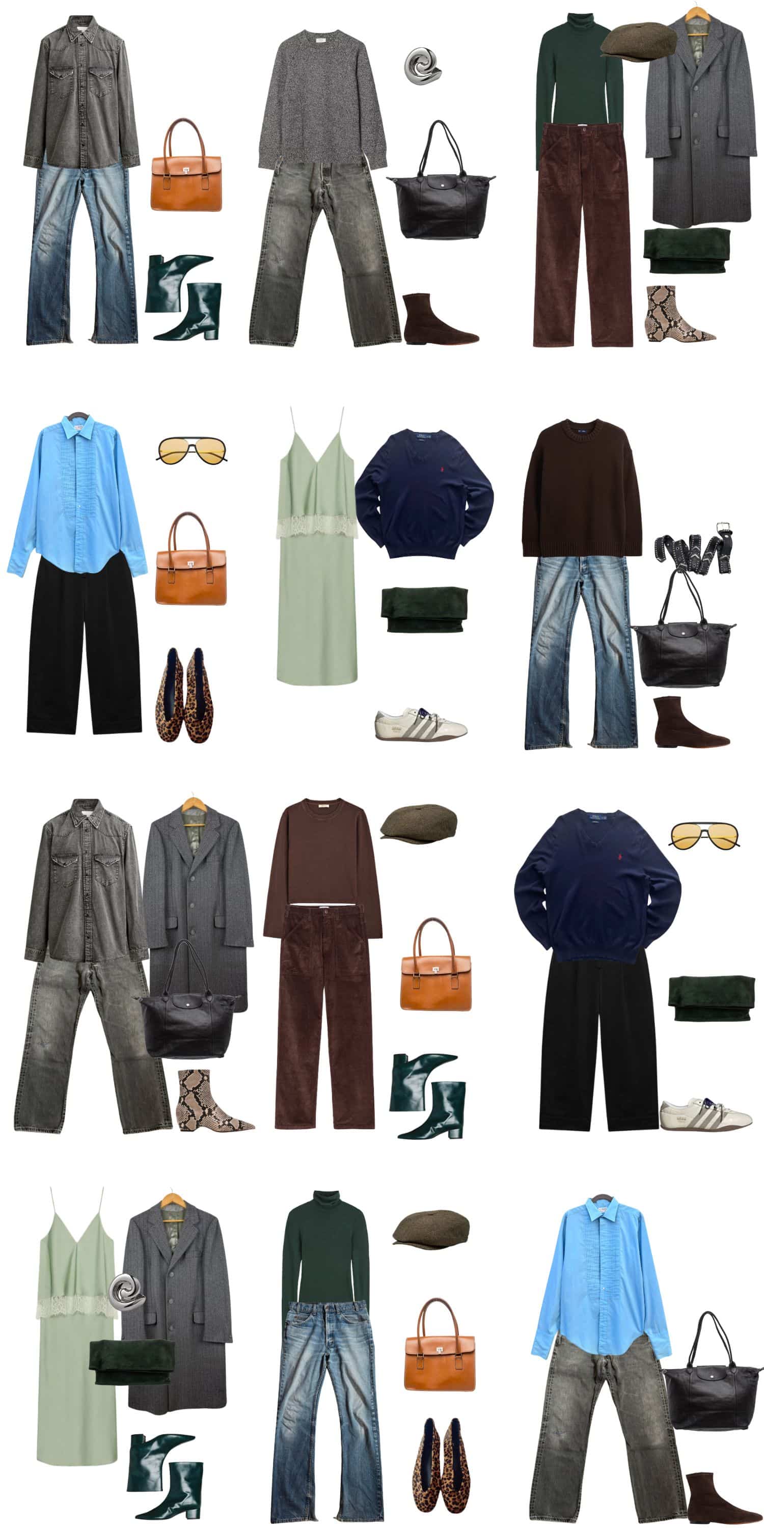A white background with 12 outfits for the Nothing to Prove Fall Capsule Wardrobe.