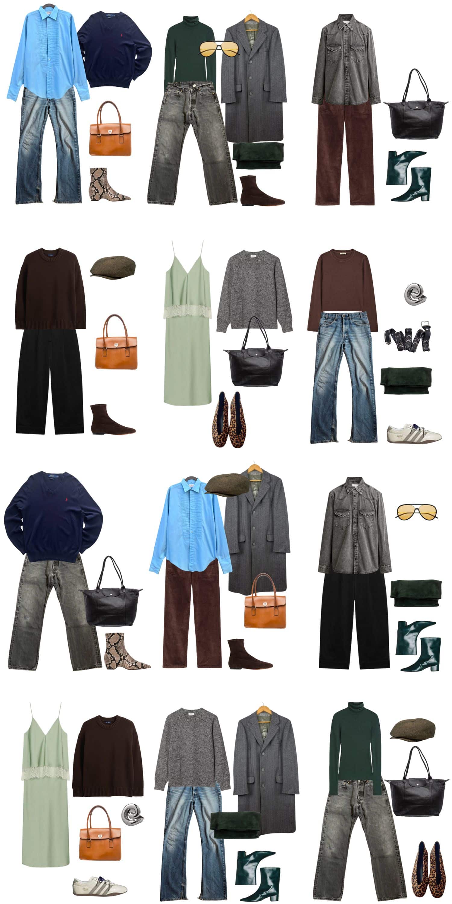 A white background with 12 outfits for the Nothing to Prove Fall Capsule Wardrobe.