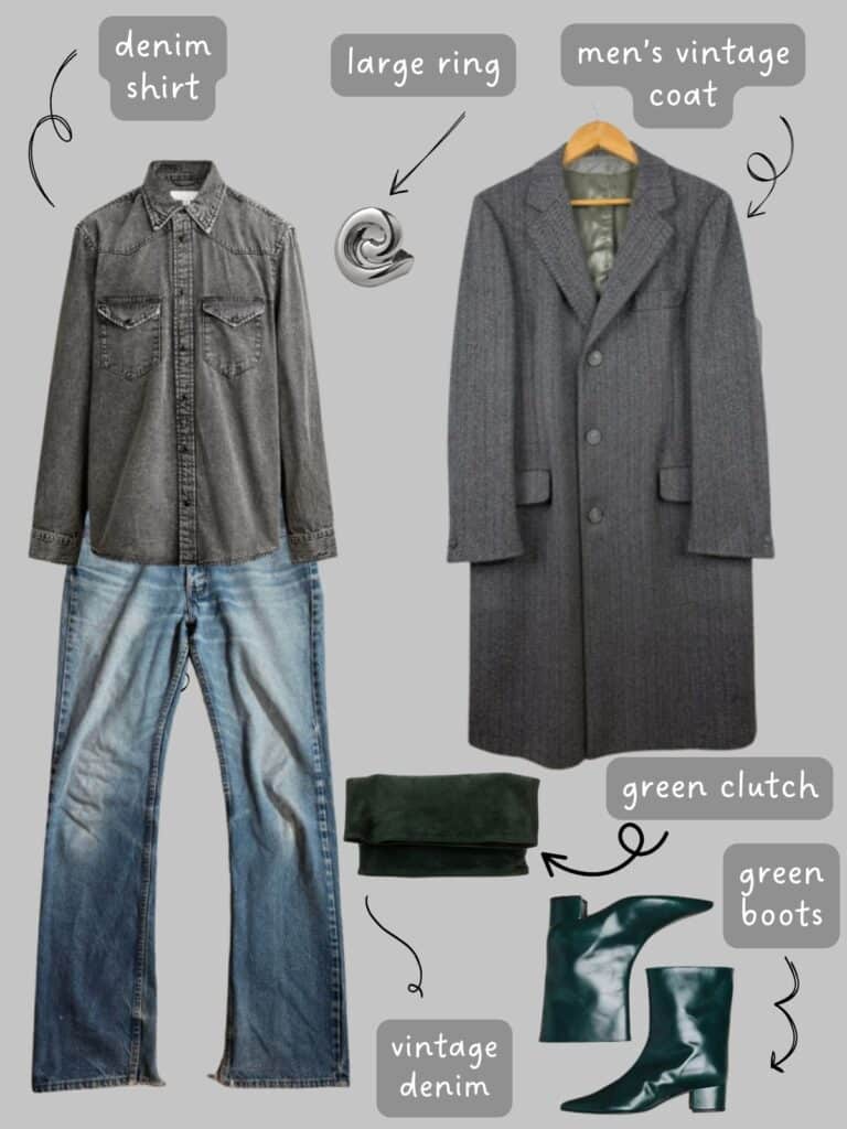 A photo of an outfit of washed black denim shirt with vintage Levis, a men's grey herringbone coat, sard green suede clutch, a silver double rings, and dark green leather boots.