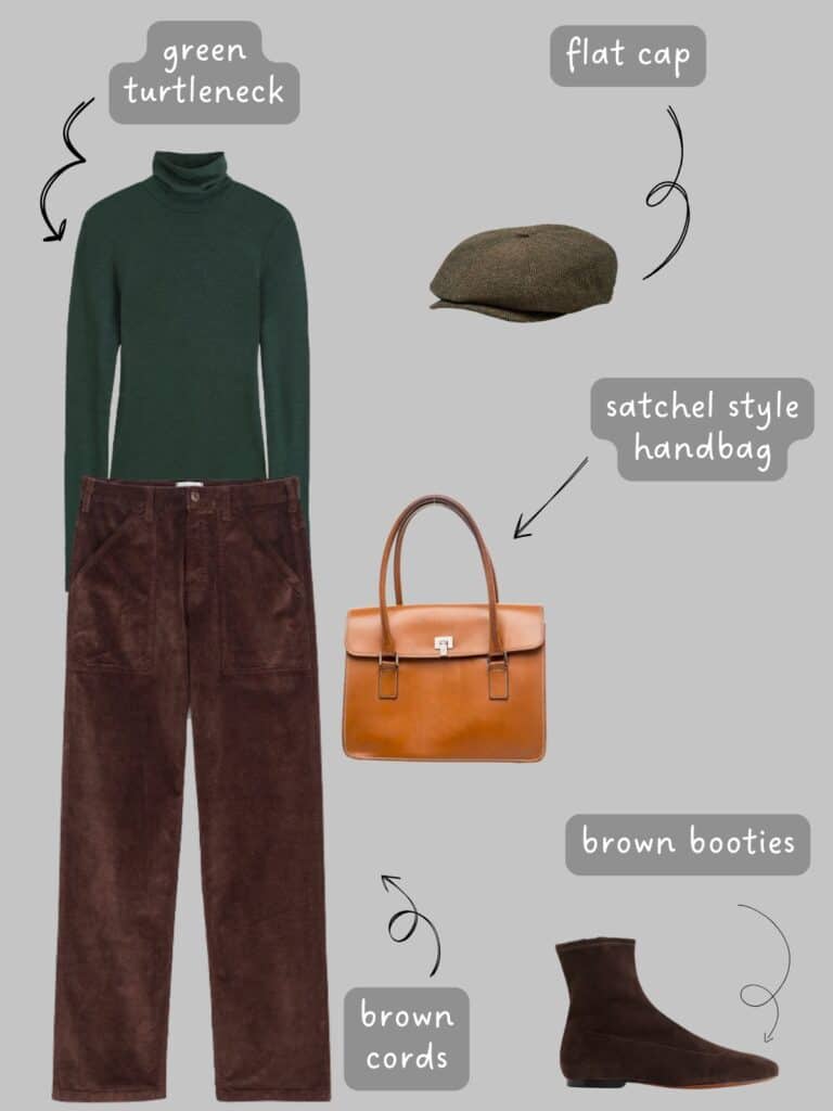 A photo of an outfit of a dark green turtleneck with chocolate brown corduroy pants, a brown flat cap, cognac satchel bag, and brown flat boots.