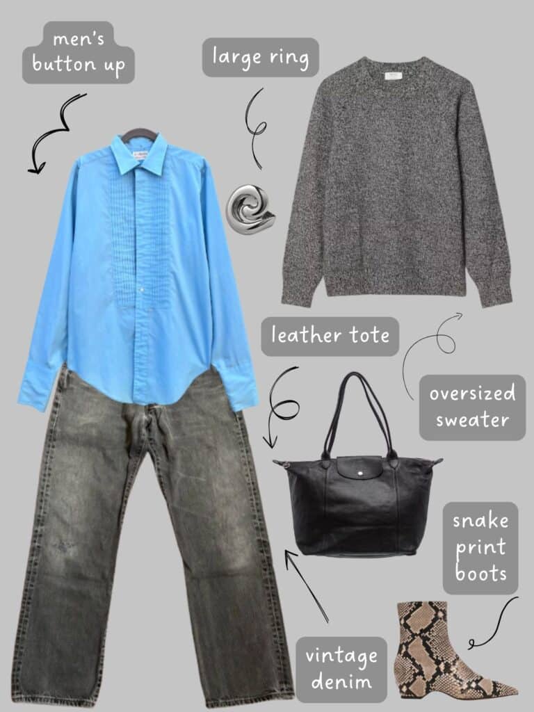 A photo of an outfit of a men's blue tuxedo front button up, layered under a grey oversized sweater, washed black vintage Levis, snake print boots, a large silver double ring, and a black leather Longchamp Le Pliage bag.
