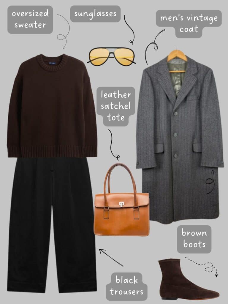 A photo of an outfit of an oversized brown sweater with black trousers, a grey herringbone men's coat, brown flat boots, a cognac satchel bag, and aviator sunglasses.