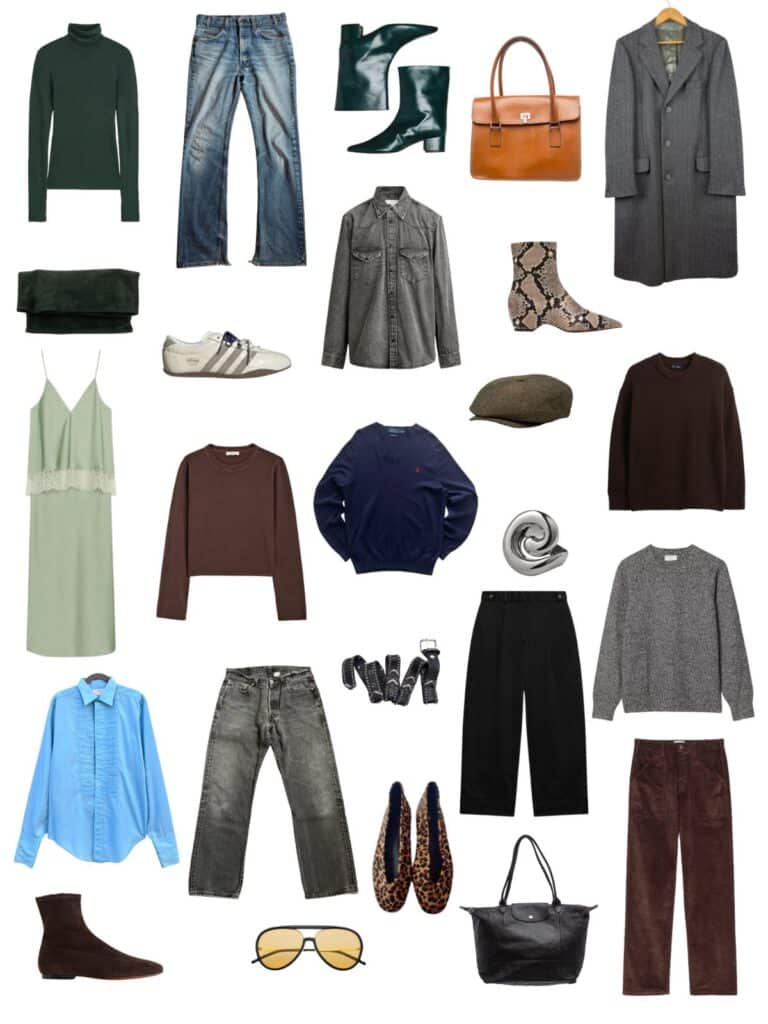 A white background with 12 pieces plus shoes and accessories for The Nothing to Prove Fall Capsule Wardrobe.