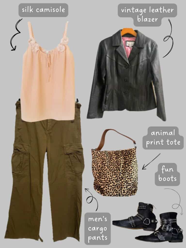 A photo of an outfit of a pink silk camisole under a black leather blazer, men's cargos, Isabel Marant black buckle flat boots, and an animal print shoulder bag.