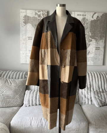 Via Accenti Patchwork Leather Suede Animal Print Long Coat Brown Tan