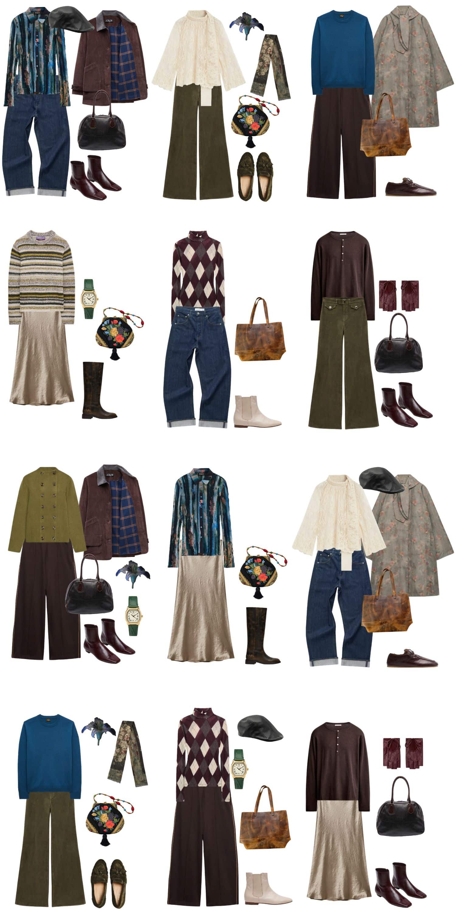 A white background with 12 outfits for The Conservatory Fall Capsule Wardrobe.