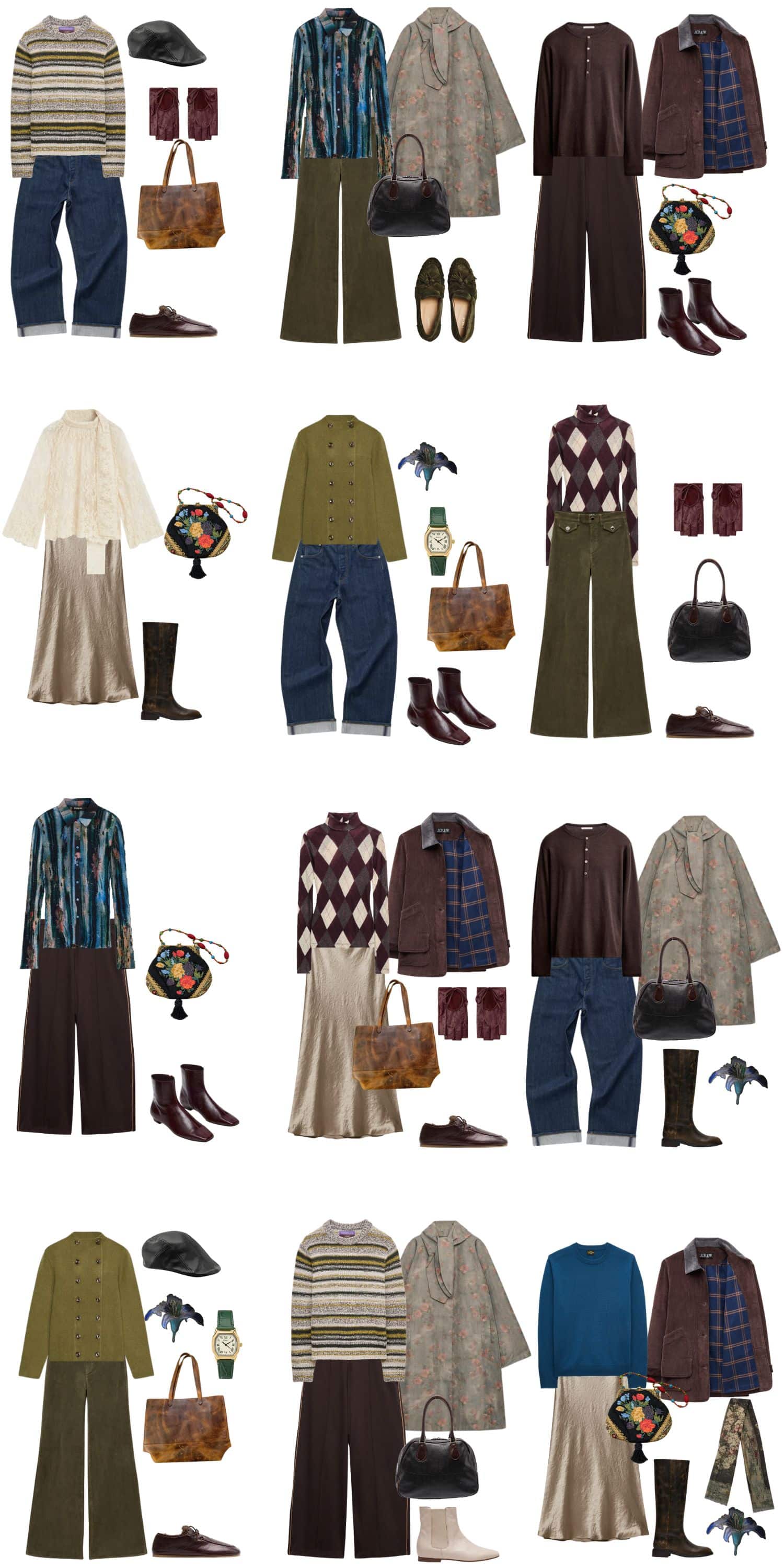 A white background with 12 outfits for The Conservatory Fall Capsule Wardrobe.