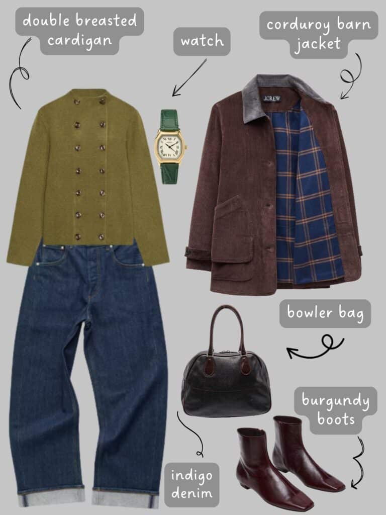 A photo of an outfit of a green double breasted cardigan with indigo cuffed jeans, a brown corduroy barn jacket, burgundy boots, a green leather watch, and a black bowler bag.