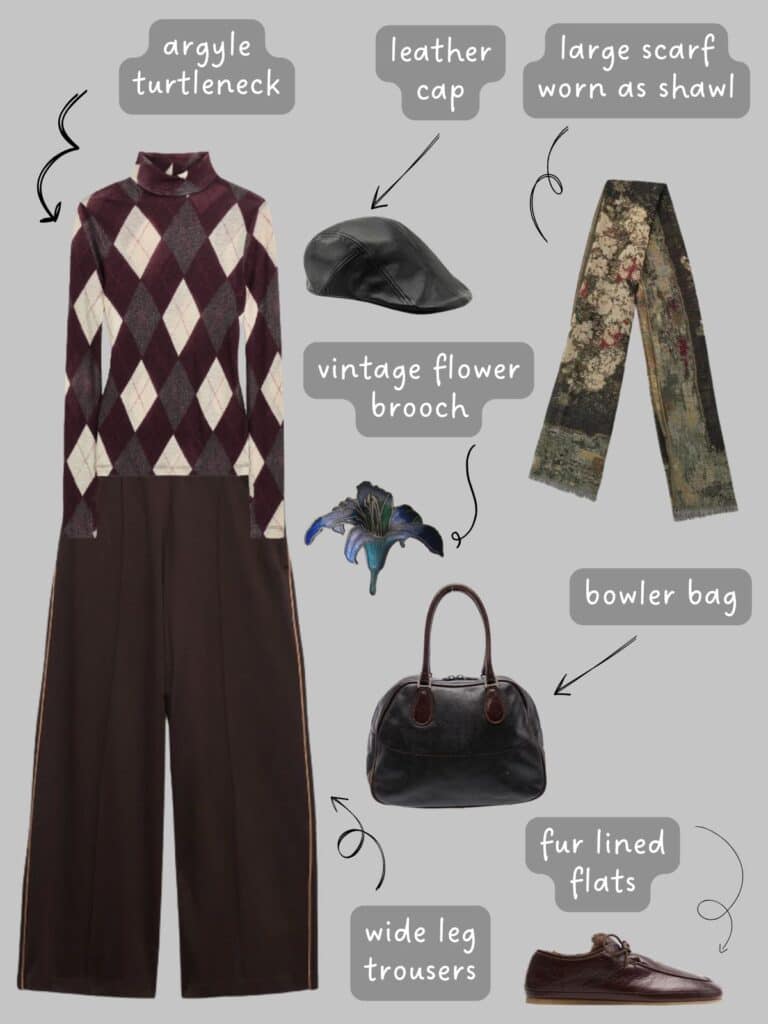 A photo of an outfit of an argyle print turtleneck with brown wide leg trousers, a large muted floral scarf, a vintage blue iris brooch, a leather cap, brown fur lined flats, and a black bowler bag.