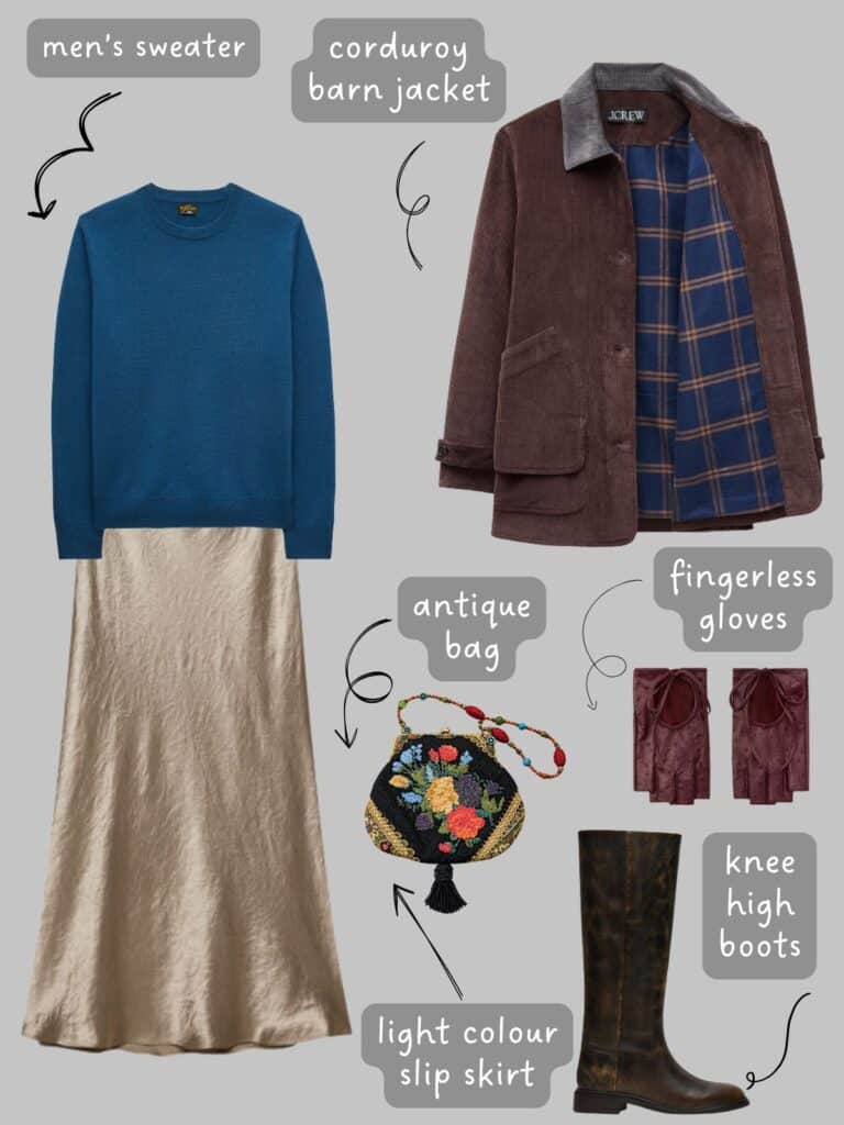 A photo of an outfit of a men's petrol blue sweater with a champagne slip skirt, a brown corduroy barn jacket, burgundy fingerless gloves, distressed brown knee high boots, and a floral embroidered antique bag.