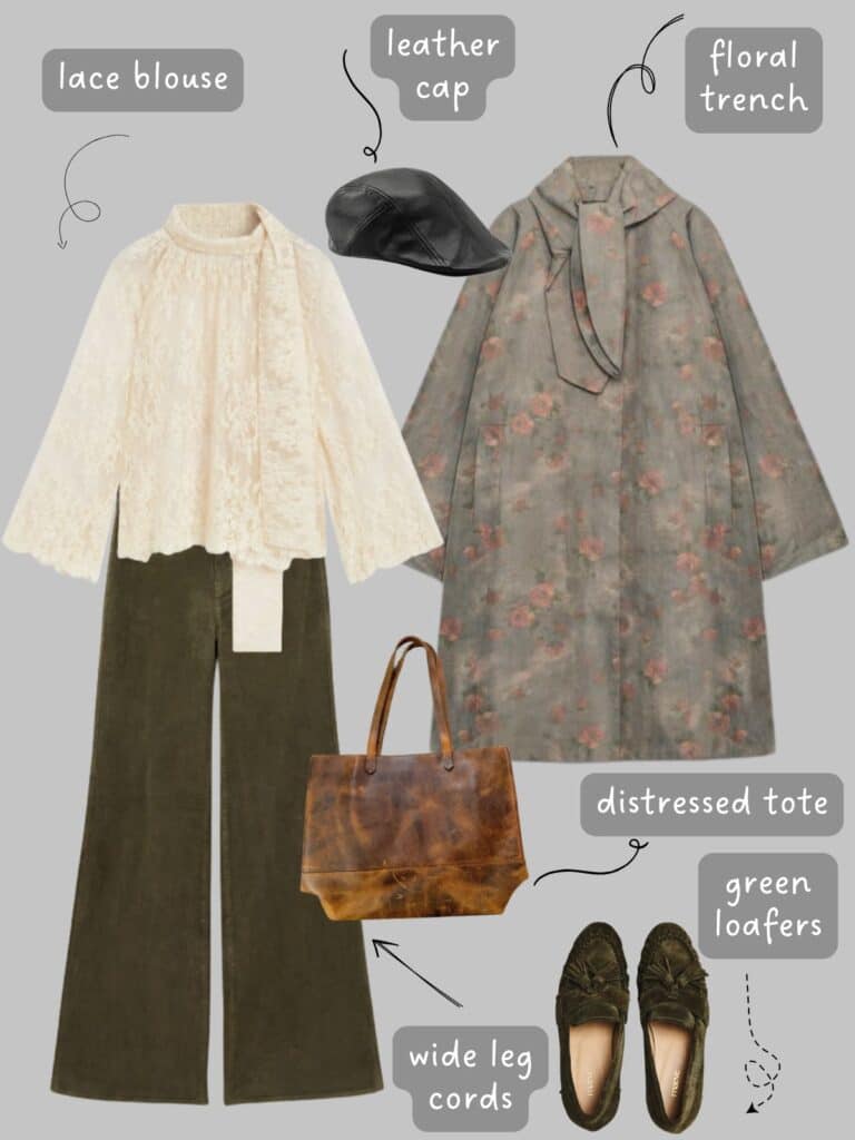 A photo of an outfit of a muted floral trench, a cream lace blouse, green wide leg cords, a leather cap, green tassel loafers, and a brown distressed leather tote.