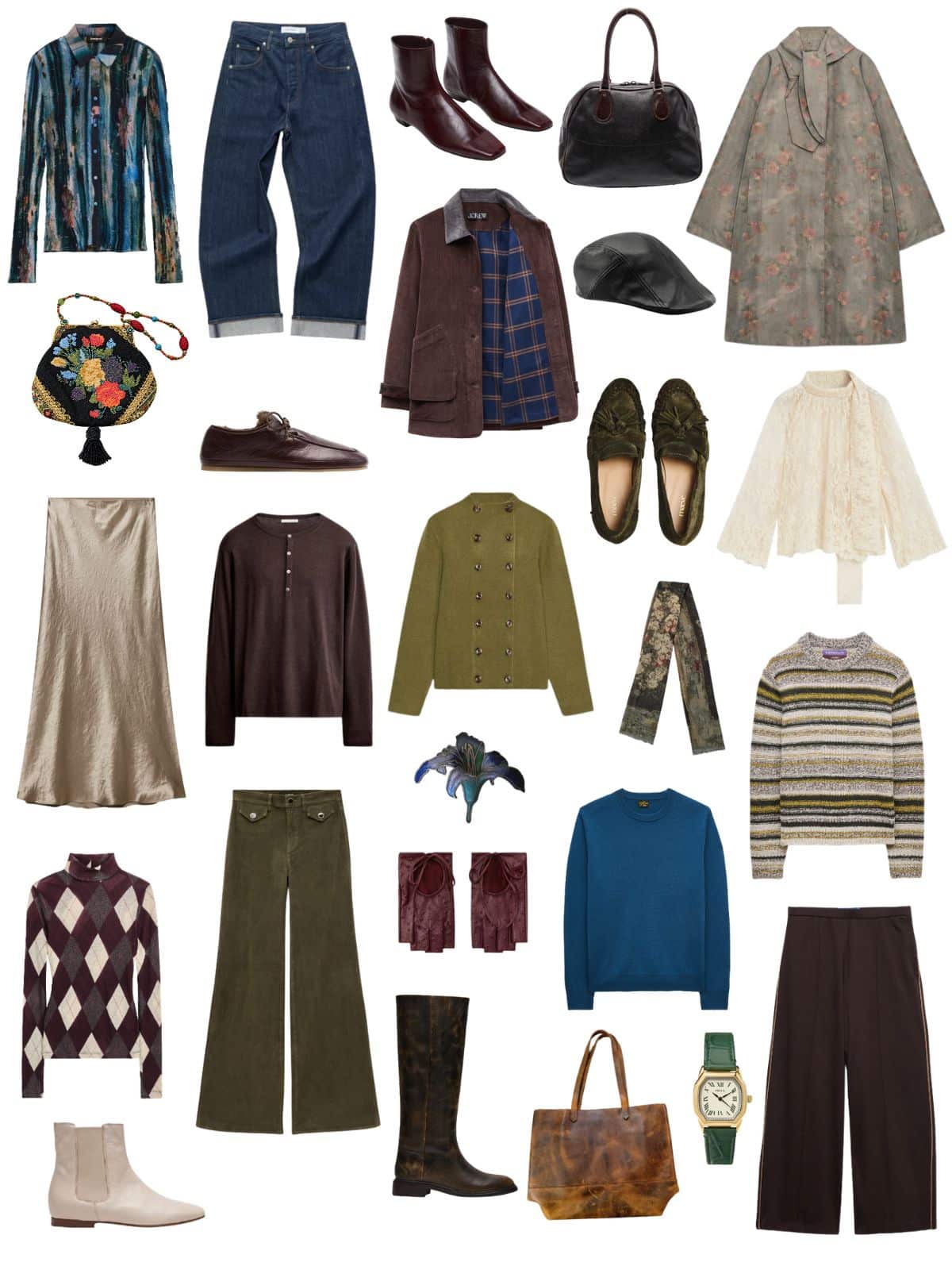 A white background with 12 pieces plus shoes and accessories for The Conservatory Fall Capsule Wardrobe.