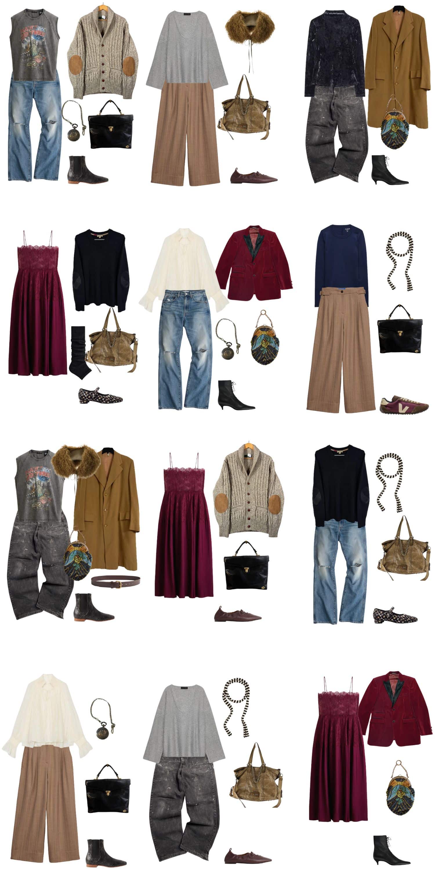 A white background with 12 outfits for The Understudy Fall Capsule Wardrobe.