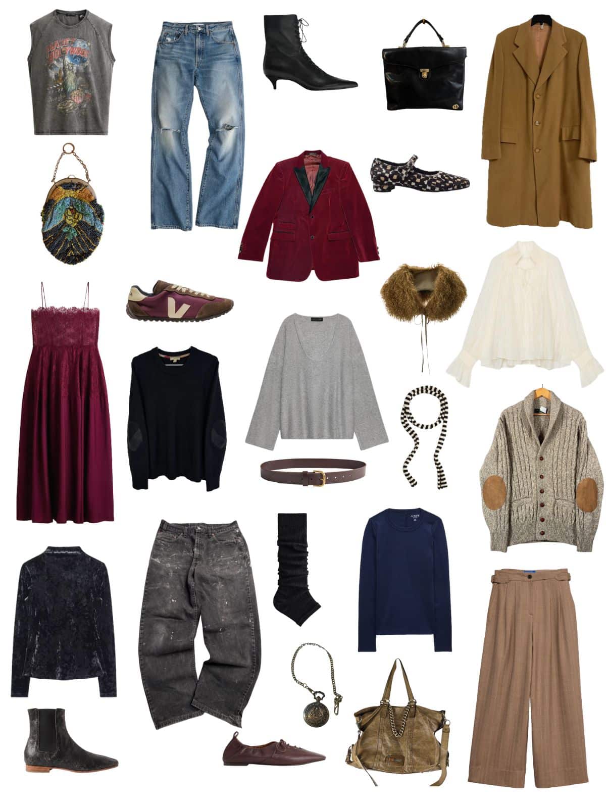 A white background with 12 pieces plus shoes and accessories for The Understudy Fall Capsule Wardrobe.