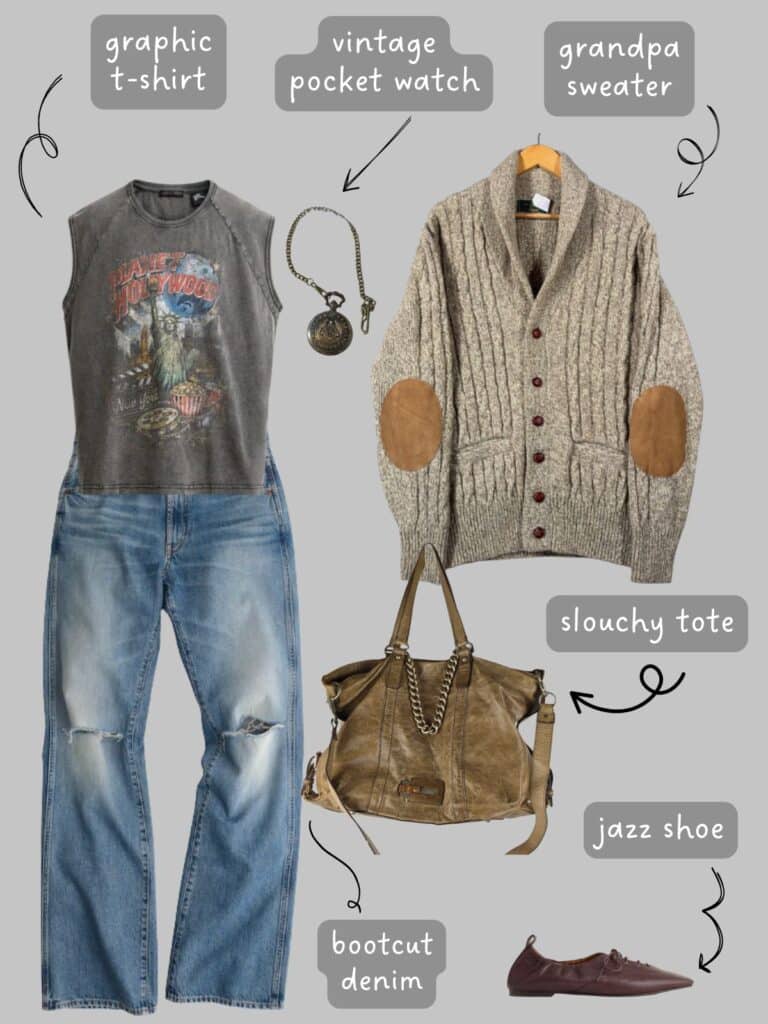 A photo of an outfit of a sleeveless graphic t-shirt with an oatmeal coloured grandpa cardigan, bootleg jeans with holes in the knees, a tan slouchy leather tote, a vintage pocket watch, and oxblood jazz style shoes.