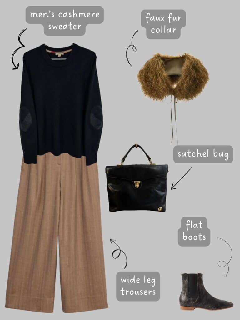 A photo of an outfit of a black men's cashmere sweater with wide leg camel trousers, a faux fur removable scarf collar, black satchel bag, and flat black boots.