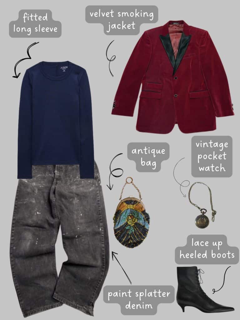 A photo of an outfit of a navy blue long sleeve under a burgundy velvet smoking jacket, washed black paint splatter Levis, a vintage pocket watch, antique beaded bag, and lace up heeled black boots.
