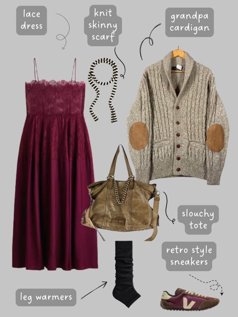 A photo of an outfit of a burgundy lace and asatin slip dress, with an oatmeal coloured grandpa cardigan with elbow patches, a black and white knit skinny scarf, black leg warmers, a tan slouchy leather tote, and burgundy Veja sneakers.