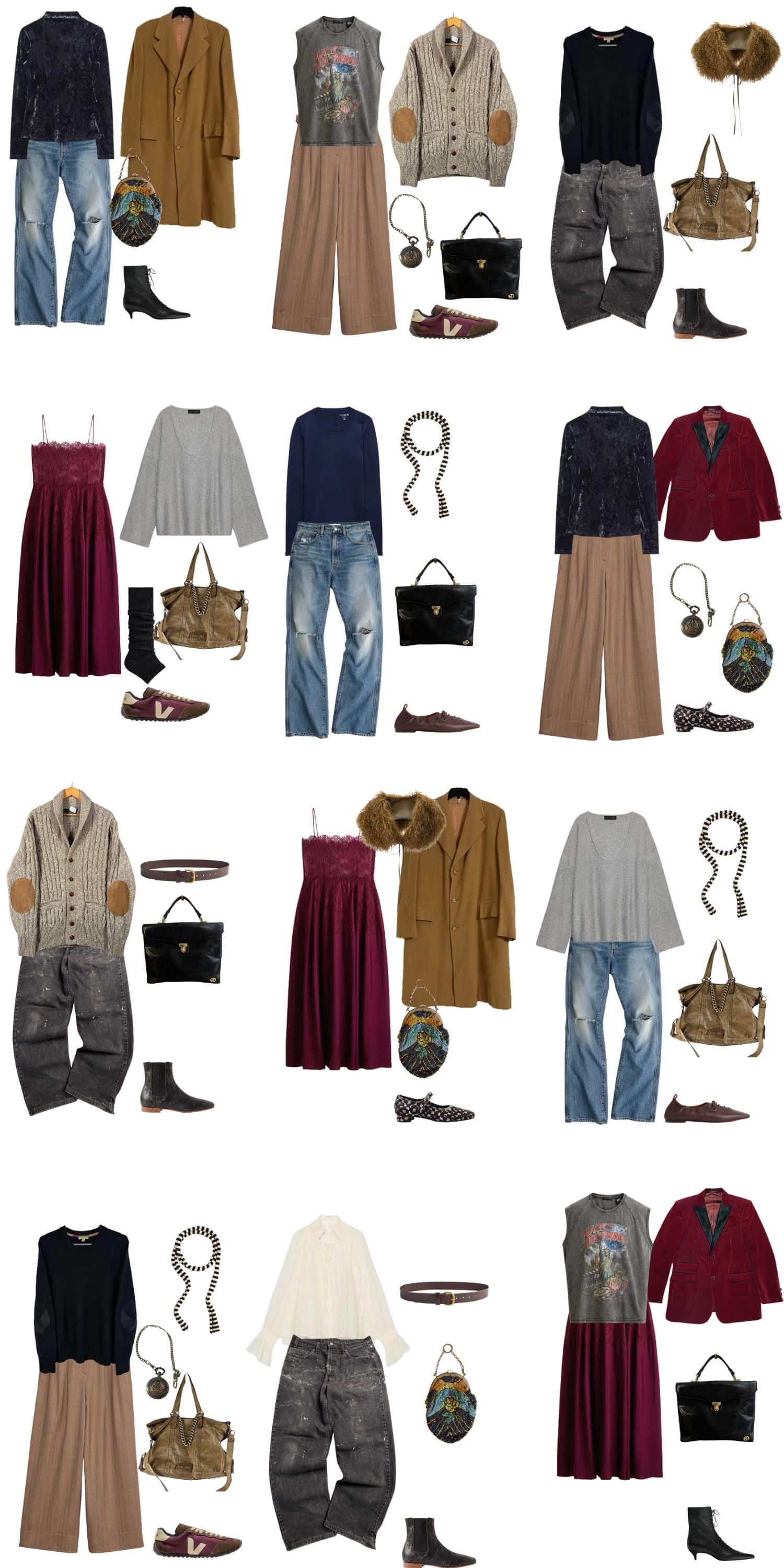 A white background with 12 outfits for The Understudy Fall Capsule Wardrobe.