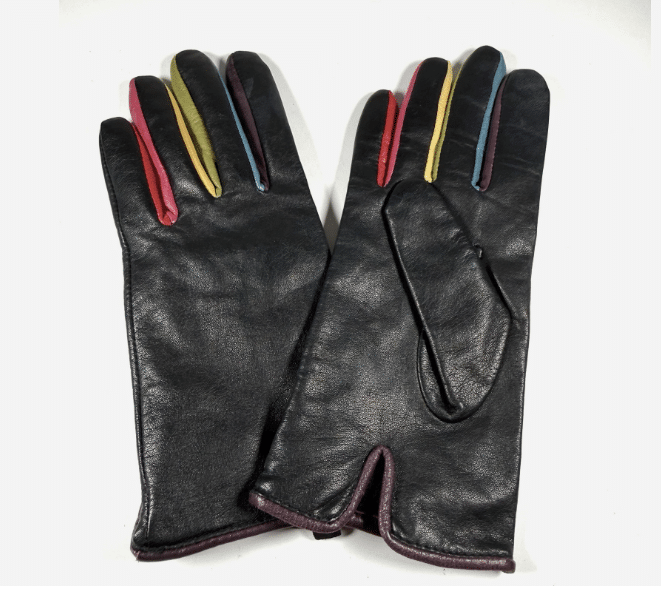 Vintage 90s GAP Womens Leather Gloves S/M Black Rainbow Colourblock Y2K