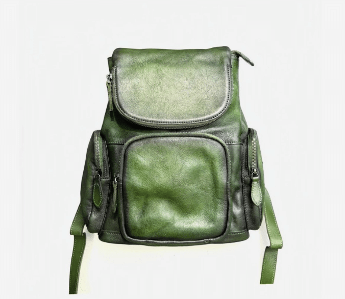 Vintage Green Genuine Leather Backpack Y2K Utility Multi Pocket Bag